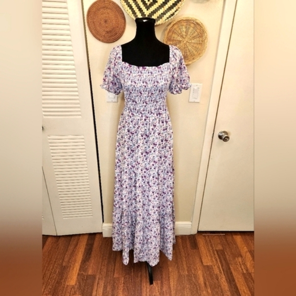 Purple Floral Off-Shoulder Square Neck Maxi Dress